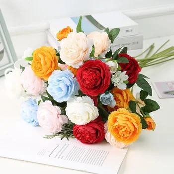 Красивые искусственные цветы, розы с 3 бутонами, шелковый Искусственный цветок для свадьбы, Украшение стола в гостиной, аксессуары для венков