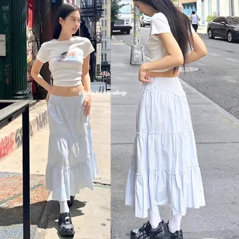 Летняя Винтажная Корейская ретро-юбка в стиле Хай-Стрит с низкой талией, длинная Плиссированная юбка, модная юбка для уличной одежды 2023 года