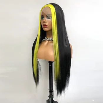 Длинный прямой синтетический парик на шнурках для женщин, желто-черный двухцветный парик на шнурках спереди с предварительно выщипанными натуральными волосами