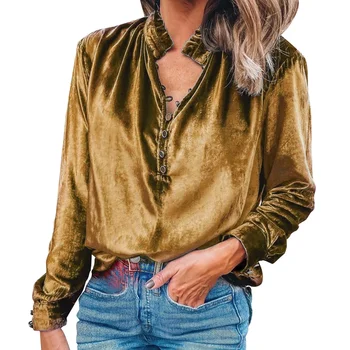 Женские топы 2023, женская весенне-летняя сексуальная блузка с V-образным вырезом в стиле ретро из золотого бархата с длинными рукавами, компрессионные рубашки с длинным рукавом Blusa