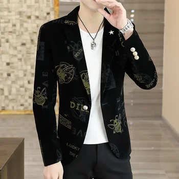Мужской Бархатный блейзер, пиджак, Высококачественная Повседневная Корейская Версия Slim Blazer с цветочным принтом, мужской пиджак Masculino, Приталенный Блейзер, мужская одежда