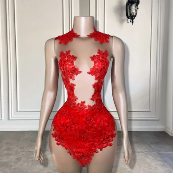 Прозрачное женское коктейльное платье с красной аппликацией и кружевом для дня рождения, Короткие платья для выпускного вечера для девочек 2023