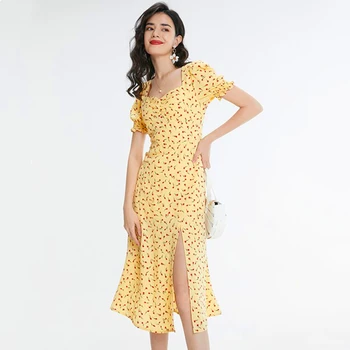 Женские платья винтажного желтого цвета с пышными рукавами и цветочным принтом, стильное элегантное платье, Бесплатная доставка, Женское летнее платье с цветочным принтом