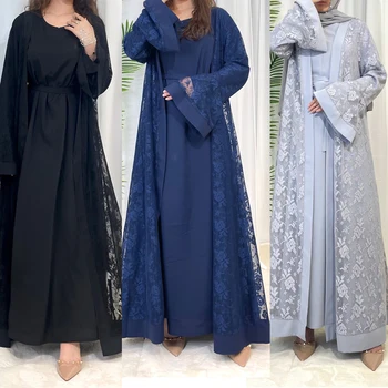 Новое Арабское Вечернее Платье Abaya Женский Комплект из 2 частей Исламская Одежда Пояс Кружевной Открытый Кафтан Abaya Vestidos Maxi Элегантный Кафтан Рамадан