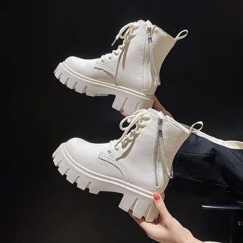 Женские ботинки, ботинки в британском стиле, зимняя хлопчатобумажная обувь на молнии, красивые осенние модные ботинки из искусственной кожи, модная обувь с высоким берцем
