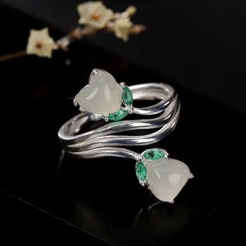Инкрустированное серебром натуральное Белое нефритовое кольцо с круглым отверстием в виде цветка, Регулируемое Женское кольцо, ювелирные изделия китайского ретро-бренда Fresh.