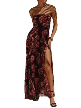 Женское сексуальное облегающее платье-труба Y2k с открытыми плечами, без бретелек, с оборками, длинное платье трапециевидной формы с цветочной сеткой, вечернее клубное платье