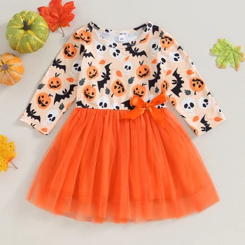 Одежда для малышей, платье принцессы на Хэллоуин для девочек, фатиновое платье в стиле пэчворк с черепом летучей мыши и тыквой с бантиком