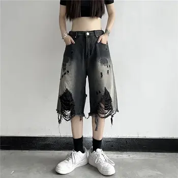 Y2K Летняя женская винтажная уличная одежда, Черные рваные джинсовые шорты, высокая талия, длина до колен, Широкие мешковатые короткие брюки, одежда в стиле харадзюку