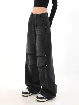 Мешковатые Черные широкие брюки в американском ретро стиле, плиссированные хлопковые брюки полной длины с высокой талией, Корейская уличная одежда в готическом стиле