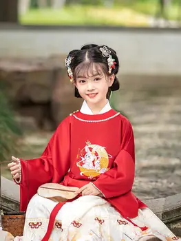 Детская одежда Hanfu в осеннем стиле для девочек с вышивкой в китайском стиле эпохи Мин, Комплект из трех предметов, студенческий старинный костюм для представления, юбка с лошадиной мордой