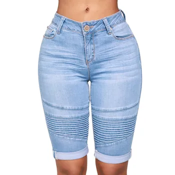 Летние модные повседневные однотонные женские джинсовые брюки средней длины с высокой талией, новинка 2023 года