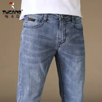 Летние Тонкие Прямые мужские джинсы, стрейчевые Модные универсальные брюки для отдыха, Мягкие весенне-осенние мужские джинсовые брюки