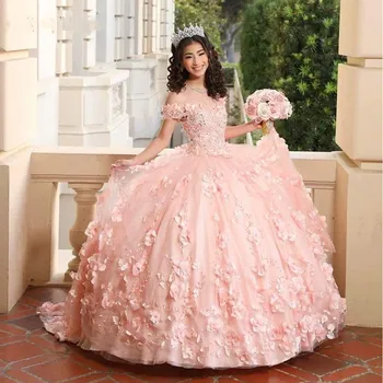 Розовые Пышные Платья Милая Бальное Платье Vestidos De 15 Anos 3D Цветок Тюль Сладкий 16 Принцесса Вечернее Платье
