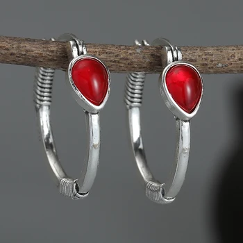 Новые модные женские серьги серебристого цвета с красными каменными серьгами-обручами для женщин, серьги в богемном стиле, украшения для помолвки и вечеринки