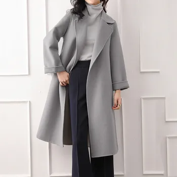 Двусторонняя шерстяная Длинная куртка для женщин, модная теплая однотонная верхняя одежда, пальто с карманами, Корейские модные пуховики, женские