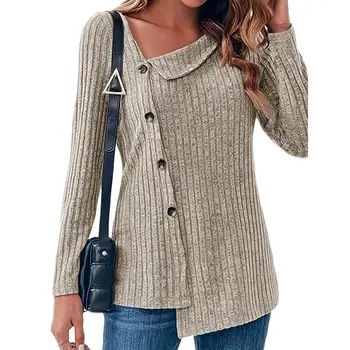 Эластичная рубашка с длинным рукавом, элегантная женская блузка-свитер с однобортными пуговицами неправильной формы, удлиненная для осени