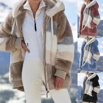 Женское зимнее Плотное Свободное Кашемировое шерстяное пальто, женское шерстяное пальто в стиле пэчворк с капюшоном, верхняя одежда, женские модные пальто