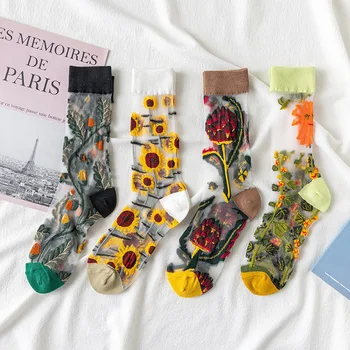 Новые хрустальные шелковые носки Harajuku, прозрачные подсолнухи, Виноградные лозы, Стеклянные кружевные женские эластичные ультратонкие носки Happy Socks