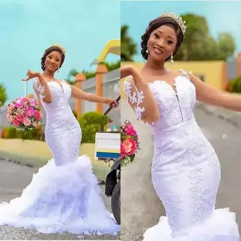 Свадебные платья в стиле Африканской русалки С длинными рукавами, свадебные платья с 3D-цветочными аппликациями, кружевные многоуровневые юбки на заказ