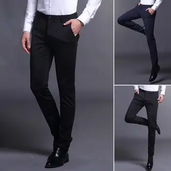 Костюмные брюки Сплошной цвет Супер стрейч Корейский стиль Молния Брюки с карманами Деловые Мужчины Эластичные костюмные брюки Уличная одежда