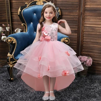 Платье принцессы с кружевной аппликацией для девочек от 3 до 12 лет, детский костюм принцессы на день рождения, платья для свадебных вечеринок без рукавов для девочек в цветочек