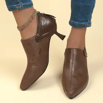 Осенние Новые женские туфли в стиле ретро из искусственной кожи на высоком каблуке, модные офисные туфли с острым носком, Zapatos Mujer на молнии на высоком каблуке