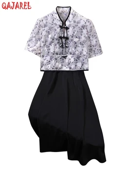 2023 Летние Новые модные повседневные комплекты Миди с цветочным рисунком, женское винтажное облегающее платье в китайском стиле, черное элегантное вечернее платье
