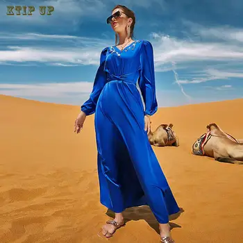 Дубай Арабская Новая Мусульманская мода Красочный Синий V-образный вырез Со Стразами Длинное Платье Ближневосточный Придворный Темперамент Платье С Длинным Рукавом Турция