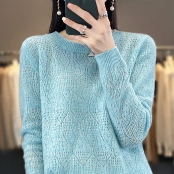 Весенний новый кашемировый свитер из 100% чистой шерсти, женский вязаный пуловер с круглым вырезом, повседневное свободное модное открытое корейское пальто