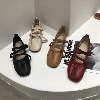Корейская версия Женской обуви 2023 Весна-осень, новая модная обувь на плоской подошве с перекрещивающимся ремешком, квадратный носок, универсальная весенне-осенняя модель