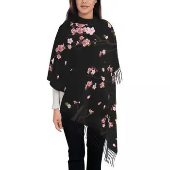 Японский шарф с веткой Сакуры, женская Длинная зимняя теплая шаль с кисточками, Унисекс, Шарфы с цветочным рисунком Вишни