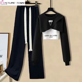 2023 Весенне-Осенний Новый Женский костюм Корейской версии, Свободный Топ с круглым вырезом и длинными рукавами + широкие брюки, Комплект из трех предметов