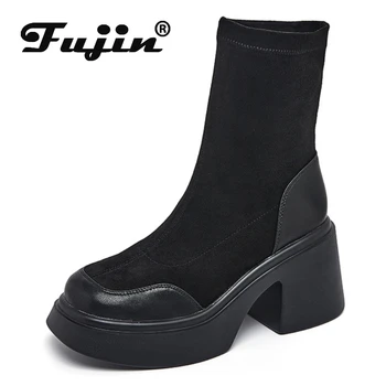 Fujin, 8 см, новый носок, эластичная ткань из лайкры, сапоги до середины икры, женские слипоны, современные весенне-осенние туфли на платформе и танкетке выше колена