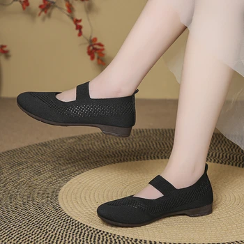 Женская обувь, горячая распродажа 2023 года, весенние женские туфли на плоской подошве, однотонные, из сетчатой ткани с круглым носком, дышащие Повседневные туфли на плоской подошве с мелким вырезом