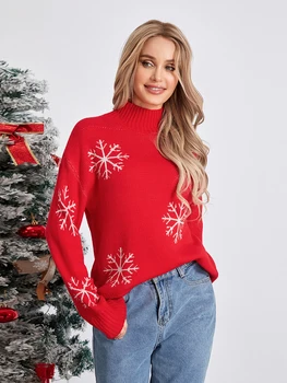 Женский Рождественский свитер, Повседневный пуловер с геометрическим принтом Оленя и круглым вырезом, Трикотажные топы, осенне-зимние Джемперы, Уличная одежда