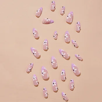 Белые цветы, фиолетовые накладные ногти с фиолетовыми украшениями из страз, ногти для дизайна ногтей в собственном стиле
