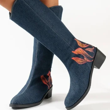 Женские длинные сапоги Осень-зима, европейская американская мода, ковбойские рыцарские сапоги в западном стиле для женщин, обувь с вышивкой на толстом каблуке