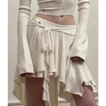 2023 Летняя Винтажная Корейская ретро-уличная юбка с низкой талией и оборками, Нерегулярная юбка на шнуровке, Уличная модная юбка