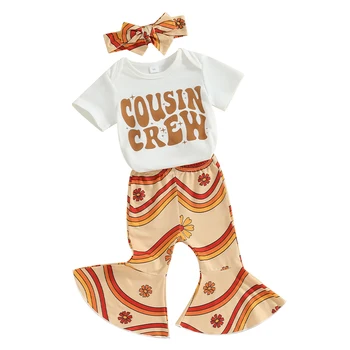 Одежда Для новорожденных девочек, Комбинезон Cousin Crew, Расклешенные брюки в стиле Бохо с цветочным рисунком, Повязка на голову, Летний наряд 0-18 м