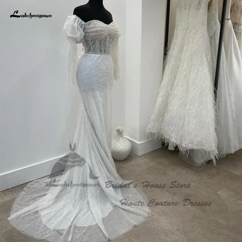 Vestidos Роскошные свадебные платья Русалки с бисером для женщин 2023, корсетные Элегантные свадебные платья с длинным рукавом и открытыми плечами