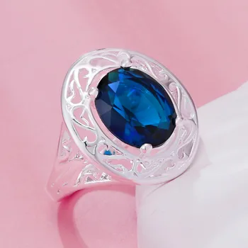 Горячие овальные кольца из стерлингового серебра 925 пробы с голубым кристаллом для женщин, благородные модные вечерние свадебные Аксессуары, ювелирные изделия, праздничные подарки
