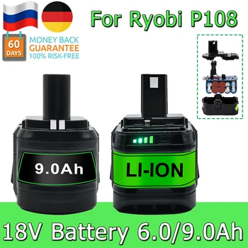 Батарея 9.0/6.0Ah для Ryobi P108 18V Литий-Ионная Аккумуляторная Батарея Bpl1820 P108 P109 P106 P105 P104 Rb18L50 Электроинструмент Baterry