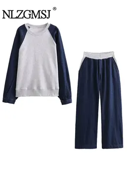 TRAF 2023, Новая осенне-зимняя женская толстовка, уличная одежда, однотонный контрастный пуловер + прямые брюки, спортивный костюм