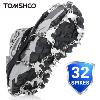 Tomshoo 32-зубчатый шип для захвата льда для обуви, противоскользящие шипы для пешего туризма, скалолазания, Снежные шипы, скобы, цепные когти, захваты, чехол для ботинок