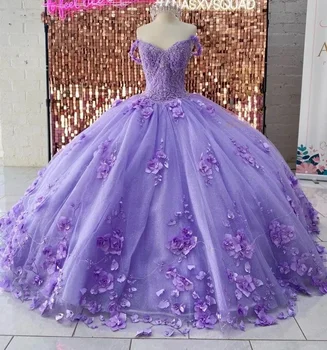 Пышные платья ANGELSBRIDEP Сиренево-лавандового цвета с 3D цветами ручной работы, расшитыми бисером, кружевом с открытыми бретелями, бальное платье Sweet 16