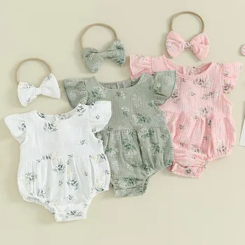 Боди для новорожденных девочек, комплект из 2 предметов, летняя одежда, боди с цветочными оборками и повязка на голову, детская одежда