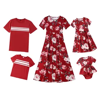 Одинаковая одежда для семьи, Красные Платья С цветочным рисунком для Мамы и меня, Летние Футболки в полоску для отца и Сына С коротким рукавом, Платье для мамы и Дочки