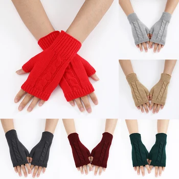 Зимние Вязаные Перчатки на Полпальца для Женщин, Теплые шерстяные Перчатки Без Пальцев, Варежки Для Письма, Модные Вязаные Витые Перчатки Y2K