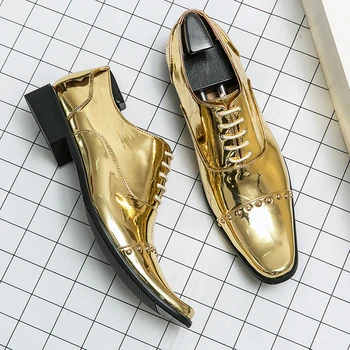 Мужские золотые роскошные деловые туфли-оксфорды, мужские официальные туфли из лакированной кожи, увеличивающие рост, большие размеры, мужские офисные свадебные туфли на высоком каблуке